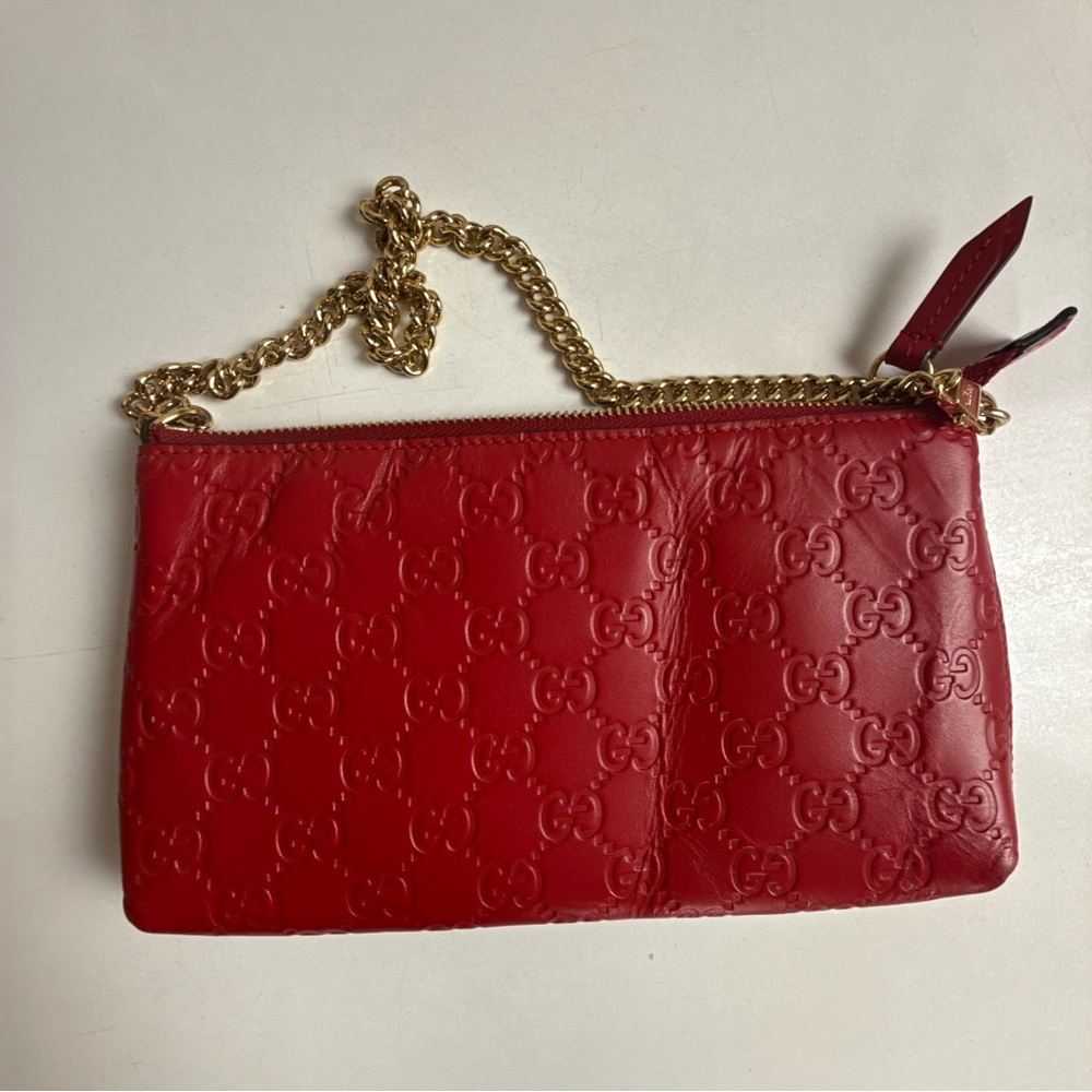 Certified Gucci Red Embossed Leather Wristlet with Gold Chain with COA
